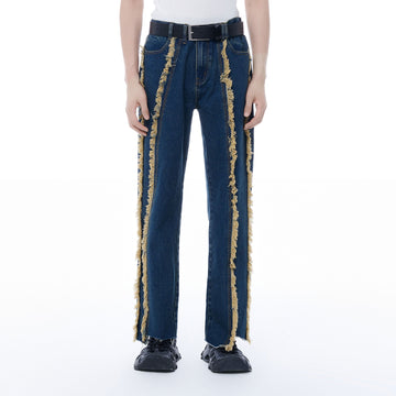 TUIMU Fringe-Trim Straight-Leg Washed Jeans-Jeans-S-Dark Blue-Free Shipping Leatheretro