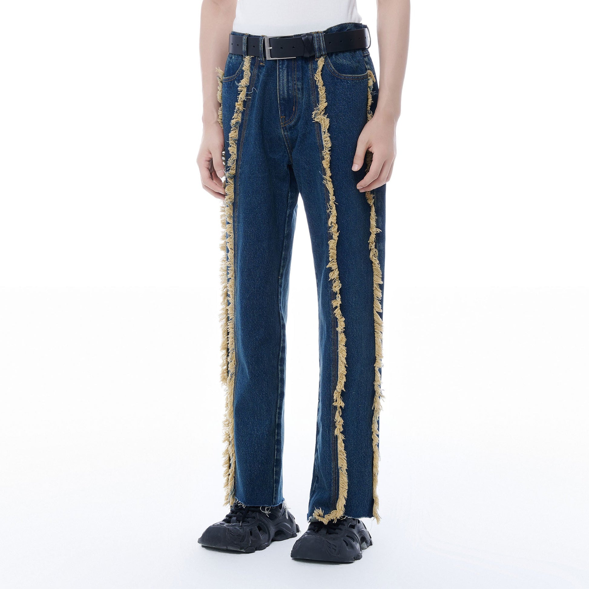 TUIMU Fringe-Trim Straight-Leg Washed Jeans-Jeans-S-Dark Blue-Free Shipping Leatheretro