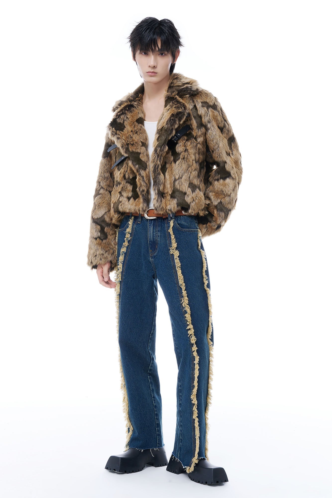 TUIMU Fringe-Trim Straight-Leg Washed Jeans-Jeans-S-Dark Blue-Free Shipping Leatheretro