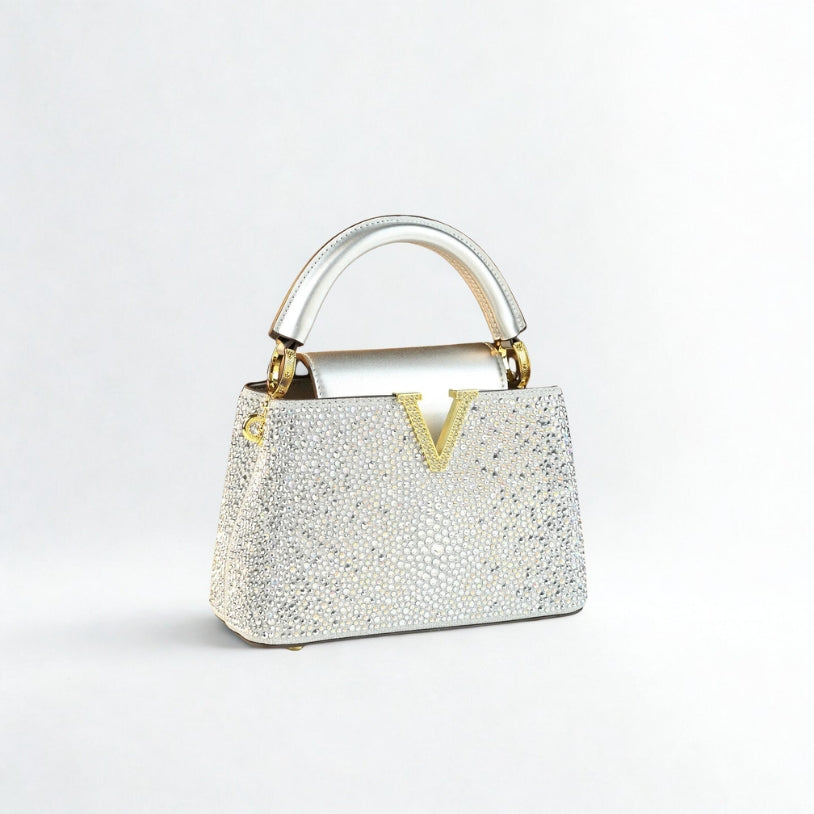 Genuine Leather V Letter Small Crossbody Bag - Diamonds Luxury Messenger Shell Bags-Crossbody Bag-Silver-Free Shipping Leatheretro