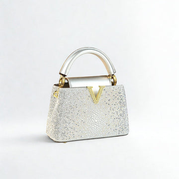 Genuine Leather V Letter Small Crossbody Bag - Diamonds Luxury Messenger Shell Bags-Crossbody Bag-Silver-Free Shipping Leatheretro