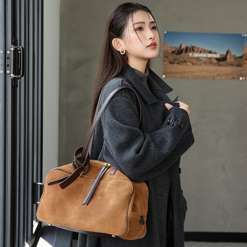 Women's Suede Cowhide Luxury Tote Bag - Large Capacity Winter Velvet Bags-Tote Bag-Brown-Large-Free Shipping Leatheretro