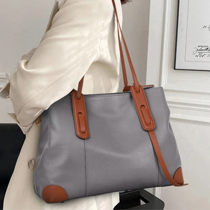 Luxury Soft Cowhide Leather Tote Bag - Women's Shoulder Handbag-Handbags-Grey Brown-Free Shipping Leatheretro