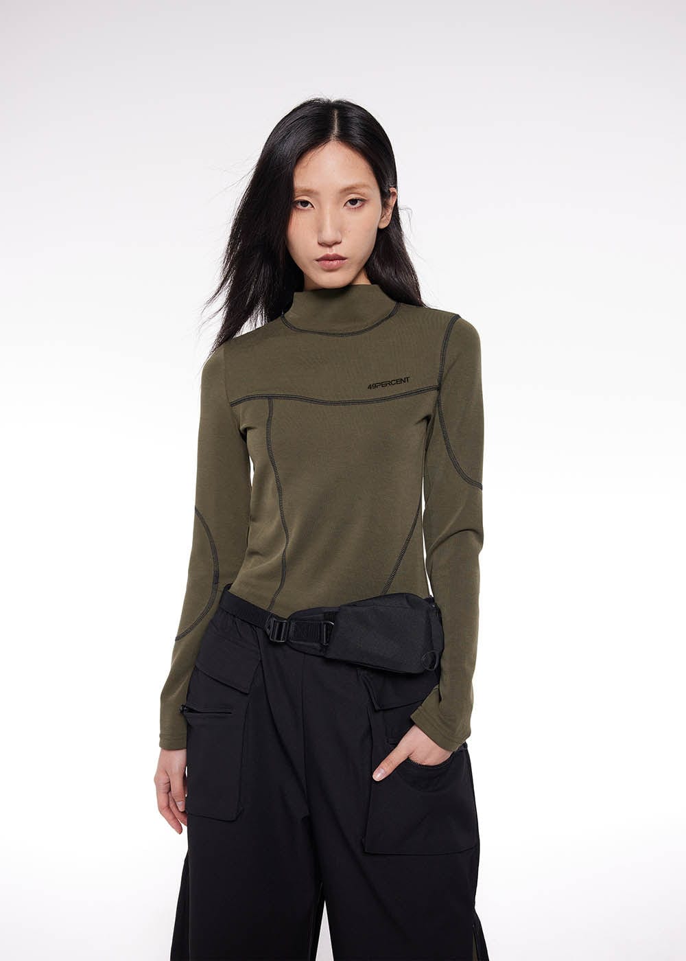 49PERCENT Stitch Outlined High Neck Long Sleeve T-shirt-L/S Tee-S-Green-Free Shipping Leatheretro