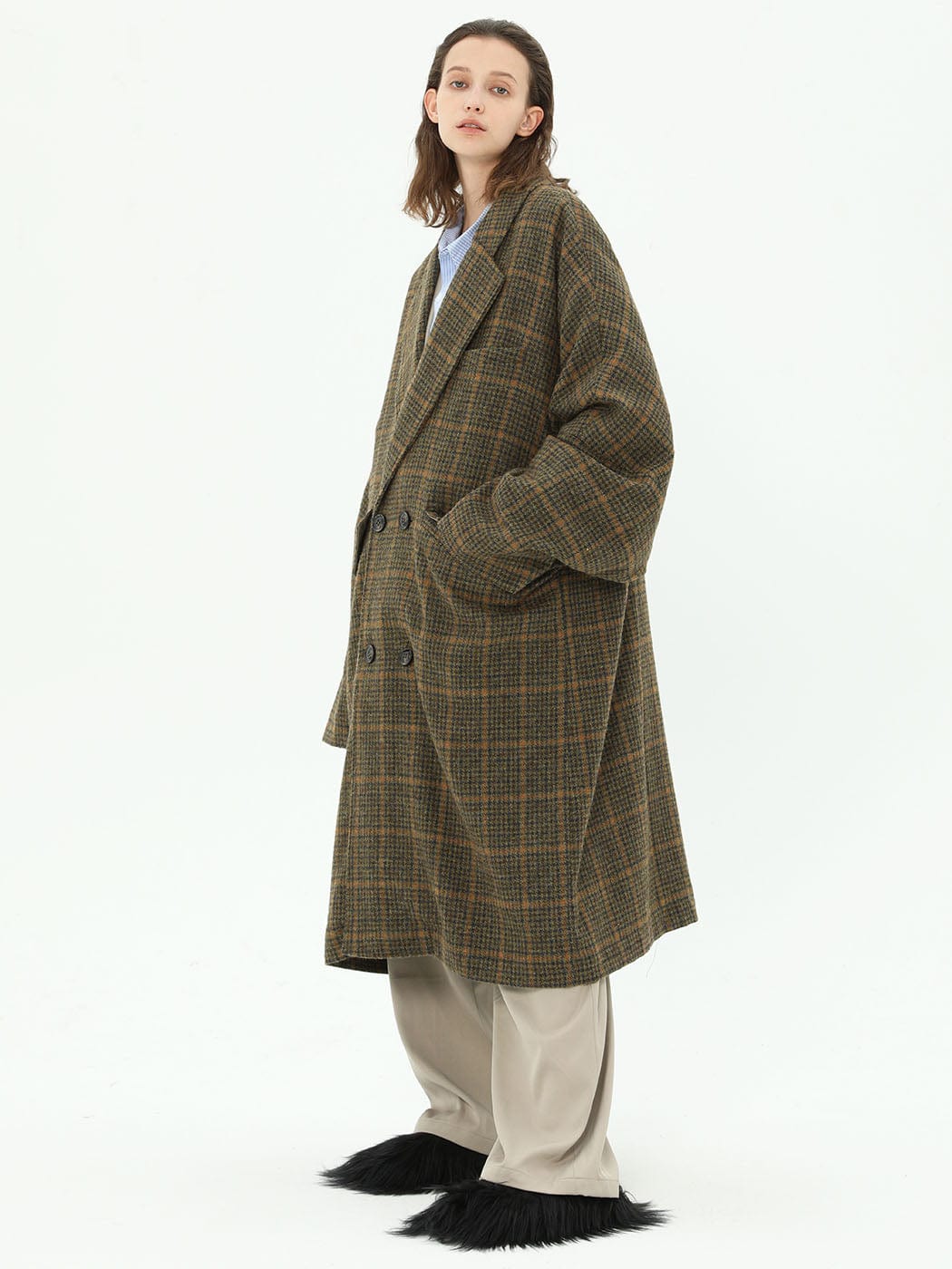 MIICHOUS Plaid Wool Oversized Coat-Jacket-S-Dark Grey-Free Shipping Leatheretro