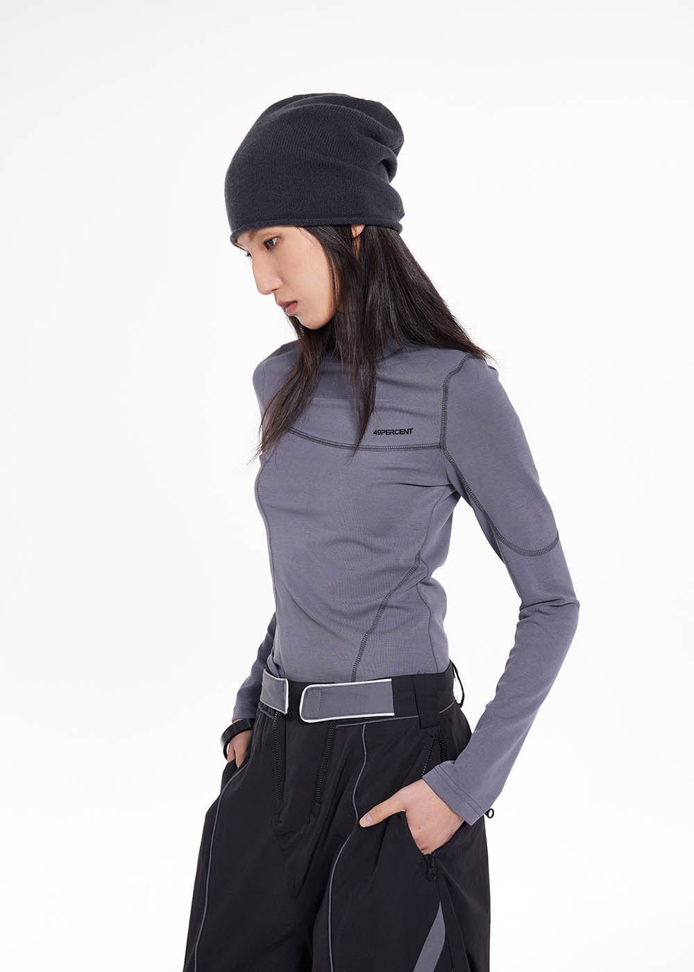 49PERCENT Stitch Outlined High Neck Long Sleeve T-shirt-L/S Tee-S-Green-Free Shipping Leatheretro