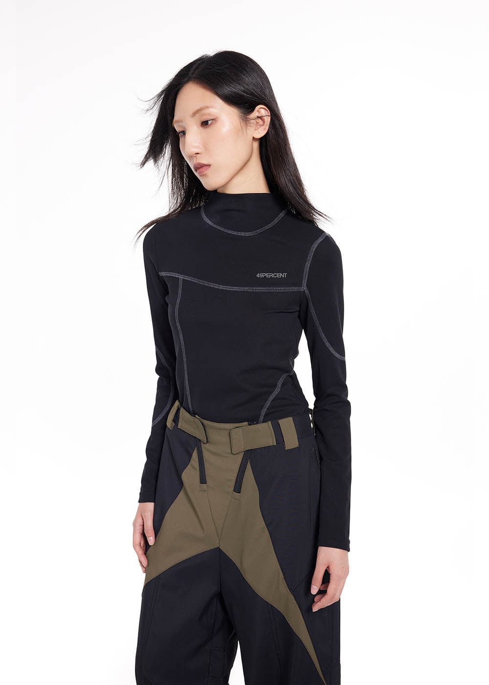 49PERCENT Stitch Outlined High Neck Long Sleeve T-shirt-L/S Tee-S-Green-Free Shipping Leatheretro