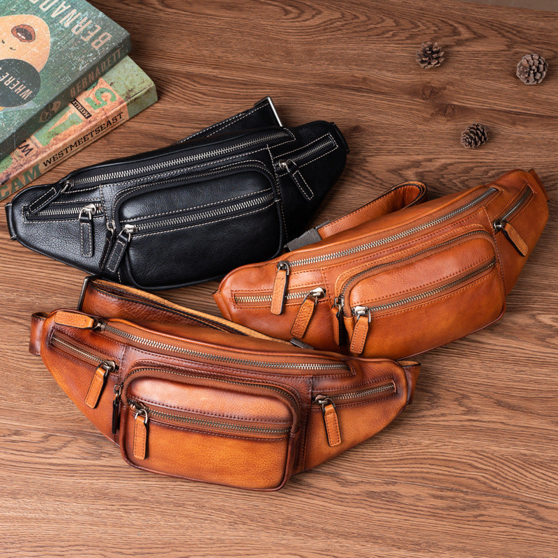 Vintage Cowhide Leather Chest & Waist Bag – Vegetable Tanned, Dual-Purpose Casual Style-Chest Bags-Retro Brown-Free Shipping Leatheretro