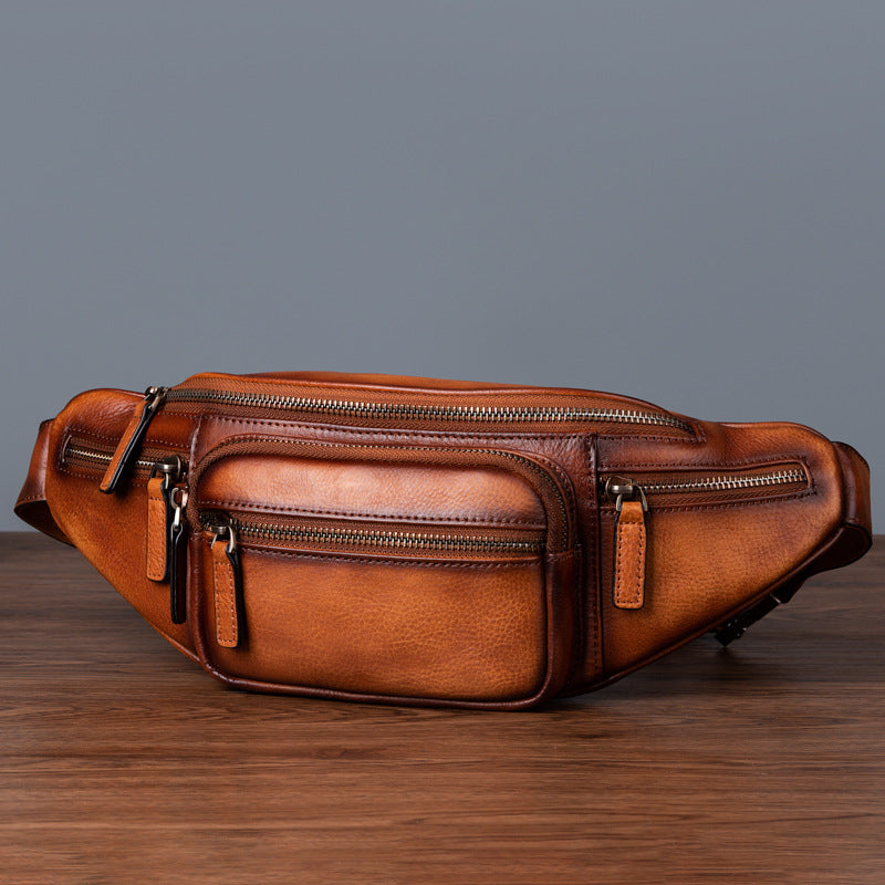 Vintage Cowhide Leather Chest & Waist Bag – Vegetable Tanned, Dual-Purpose Casual Style-Chest Bags-Retro Brown-Free Shipping Leatheretro