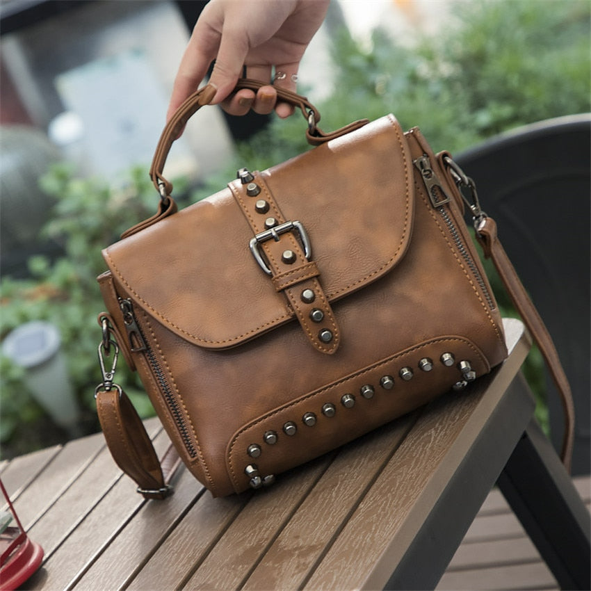 Vintage Cross body Leather Rivet Shoulder Bag-Handbags-Brown-Free Shipping Leatheretro