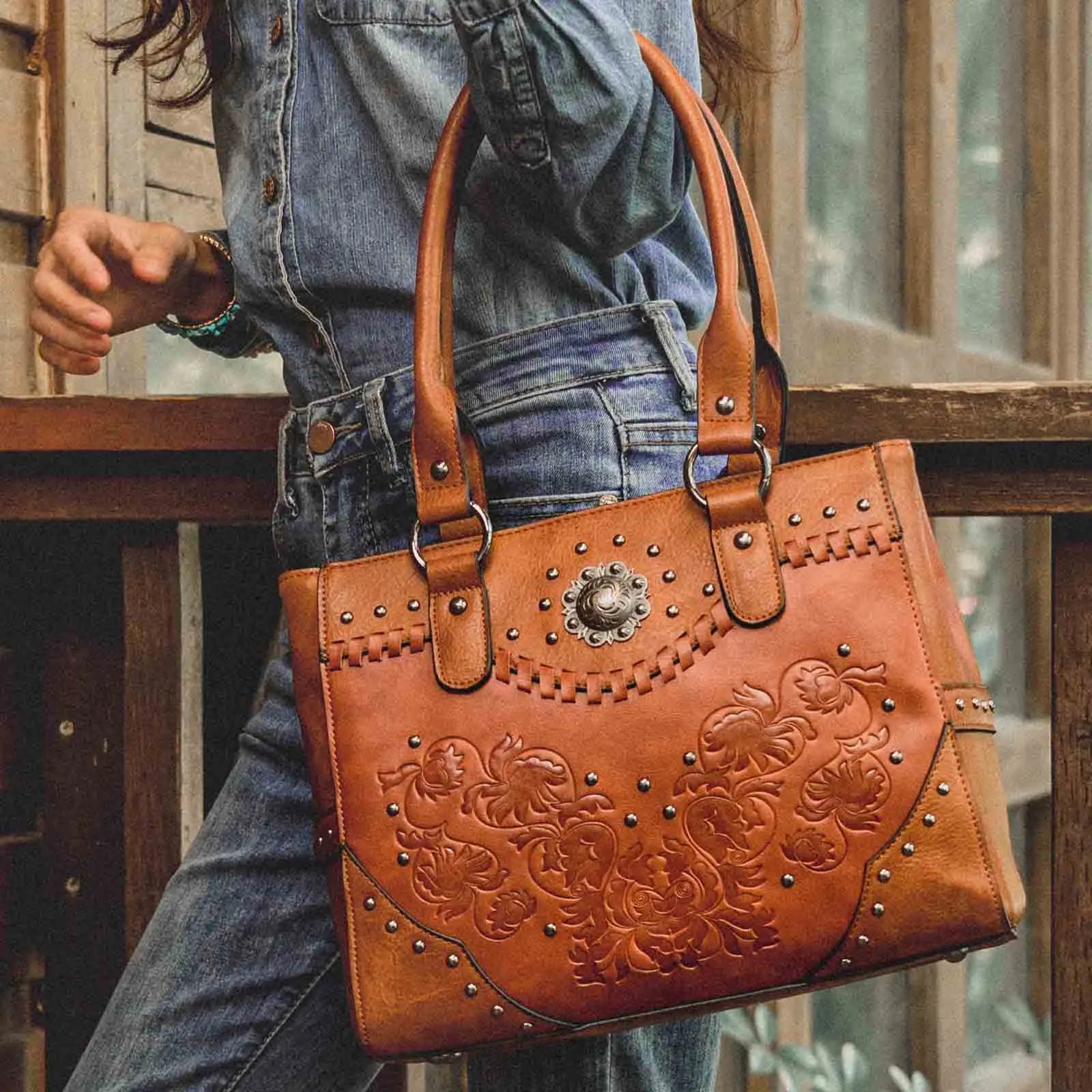 Vintage Embossed Concho Studs Shoulder Bag-Handbags-Brown-Free Shipping Leatheretro