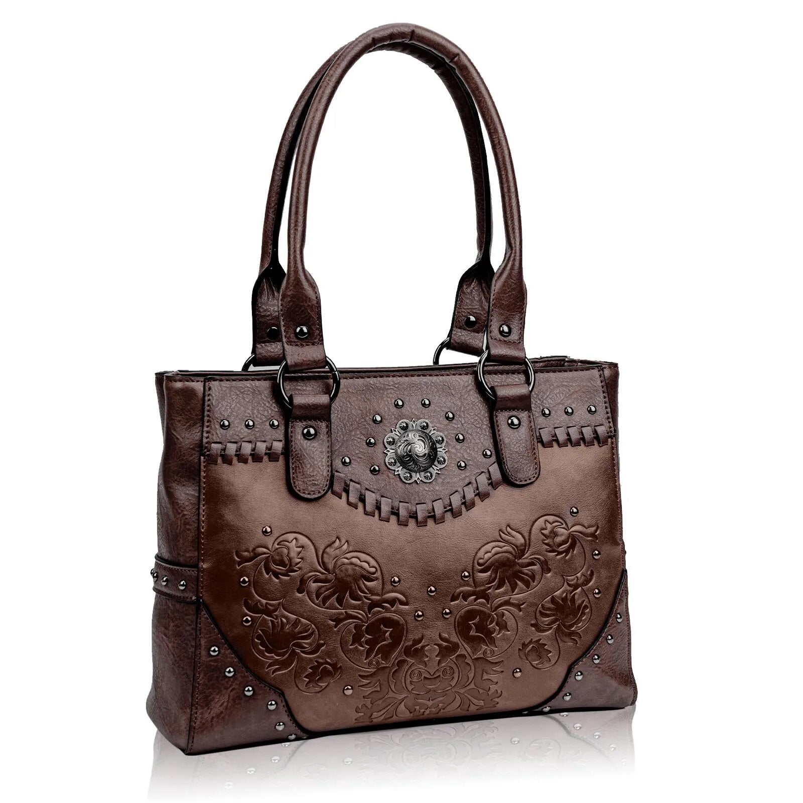 Vintage Embossed Concho Studs Shoulder Bag-Handbags-Coffee-Free Shipping Leatheretro