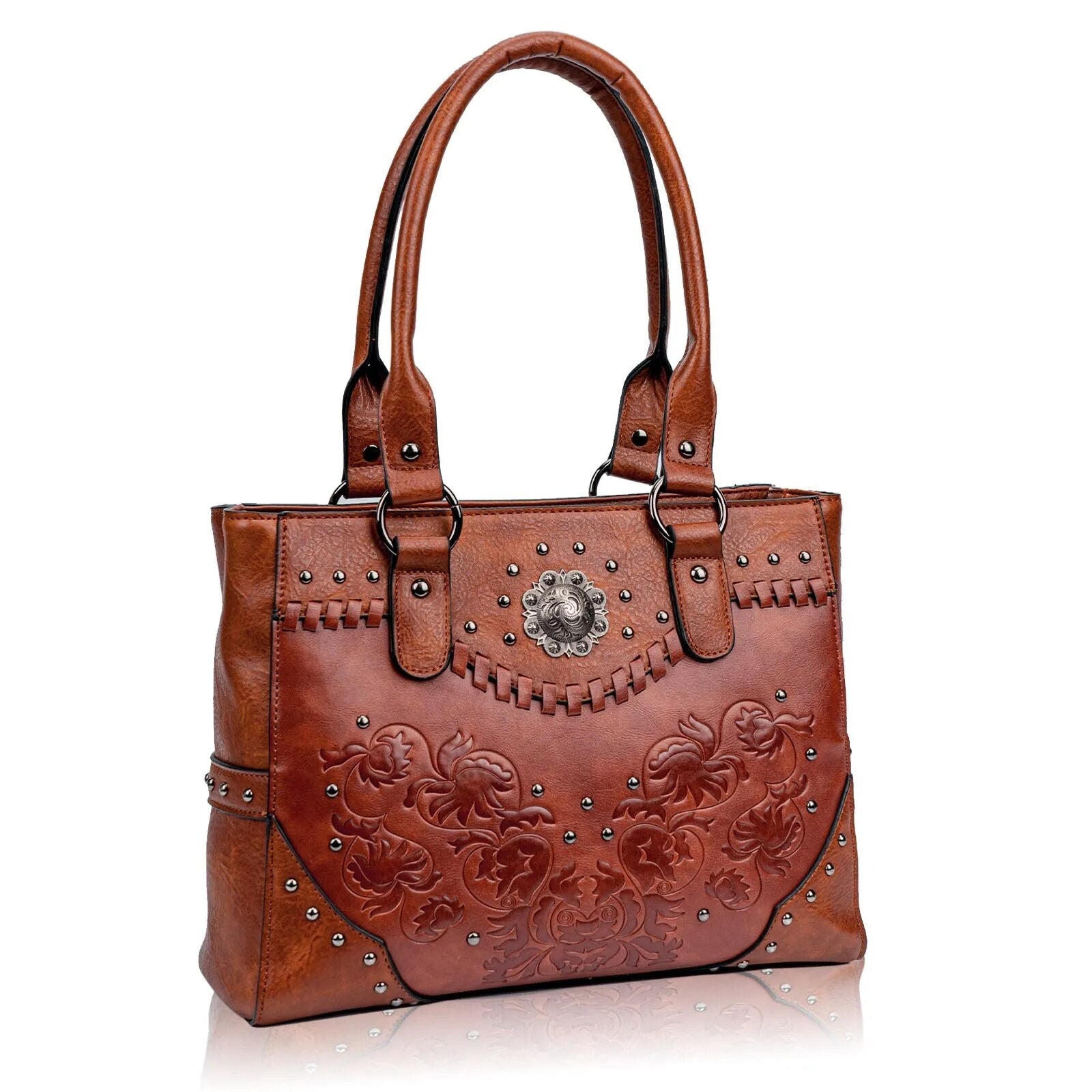 Vintage Embossed Concho Studs Shoulder Bag-Handbags-Light coffee-Free Shipping Leatheretro