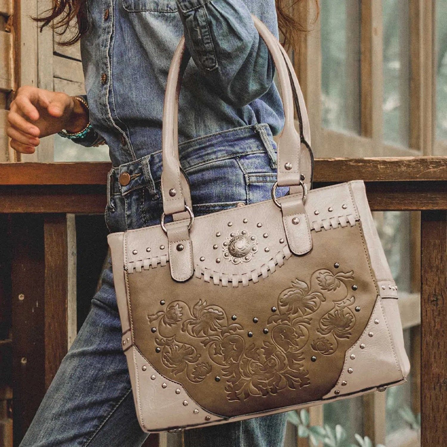 Vintage Embossed Concho Studs Shoulder Bag-Handbags-Brown-Free Shipping Leatheretro