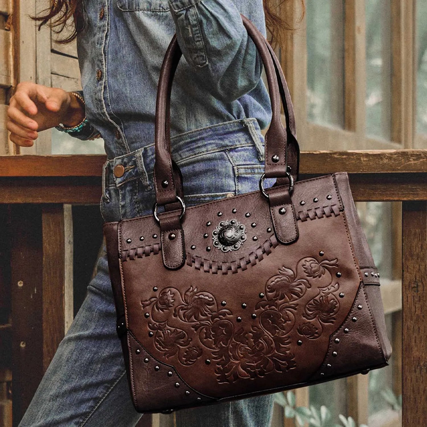 Vintage Embossed Concho Studs Shoulder Bag-Handbags-Brown-Free Shipping Leatheretro