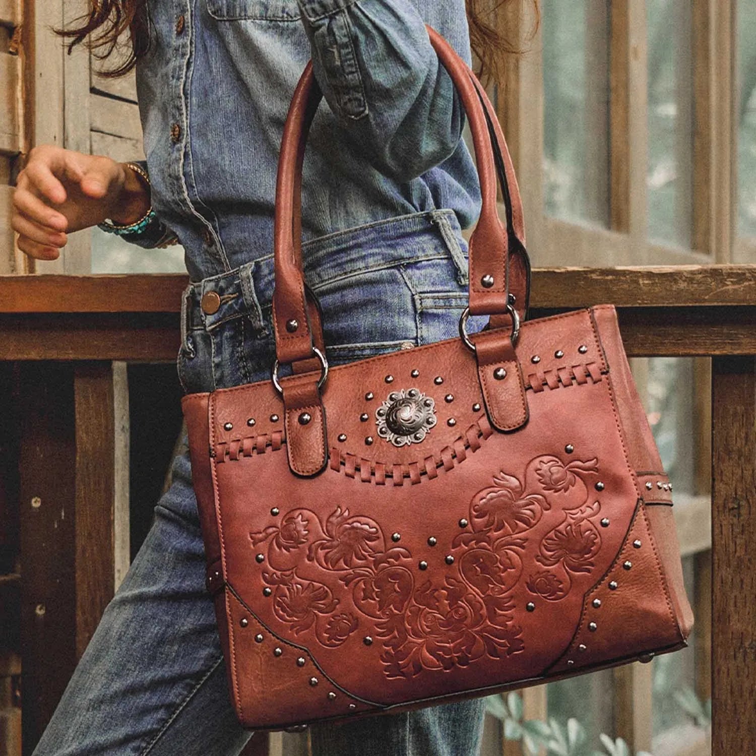 Vintage Embossed Concho Studs Shoulder Bag-Handbags-Brown-Free Shipping Leatheretro