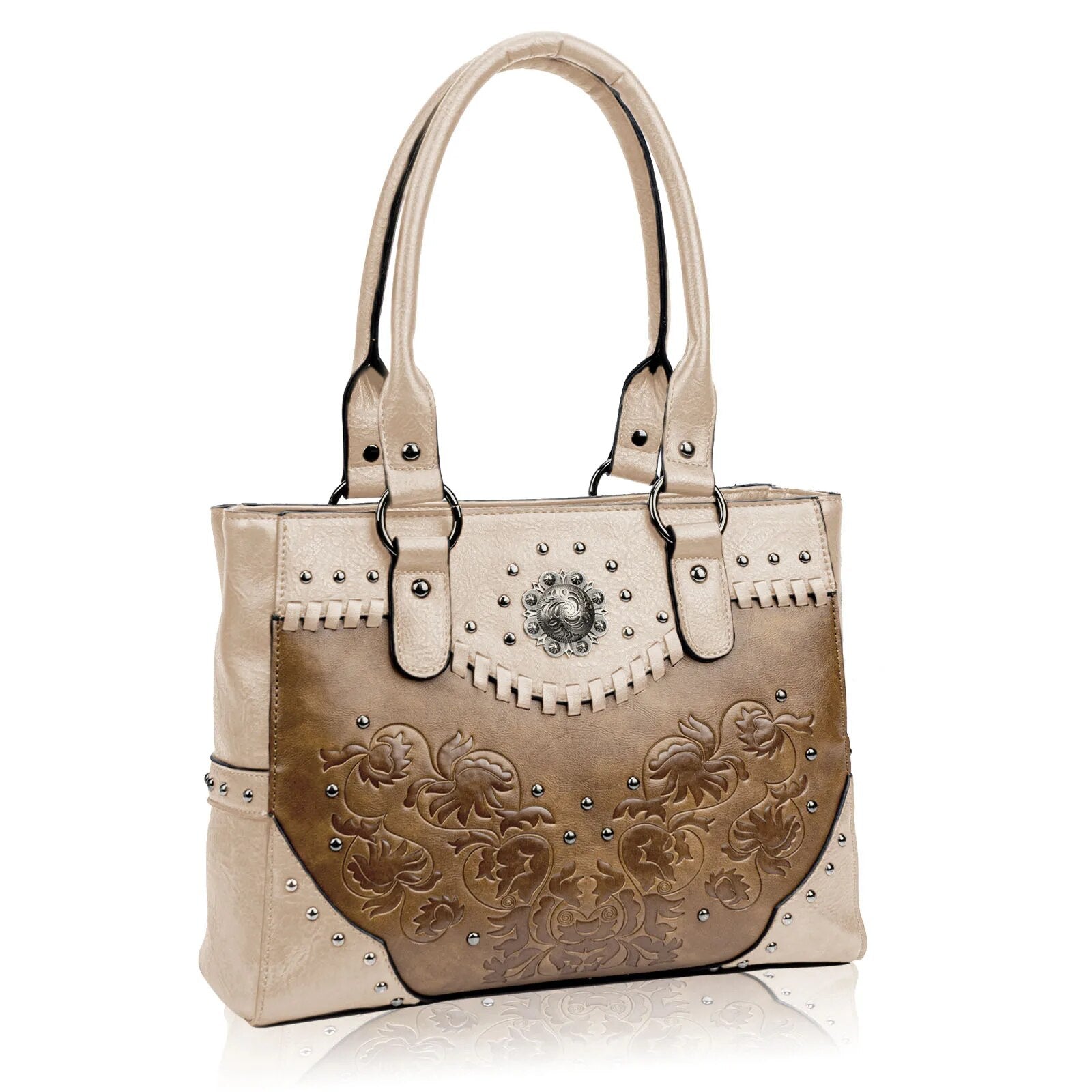 Vintage Embossed Concho Studs Shoulder Bag-Handbags-White-Free Shipping Leatheretro