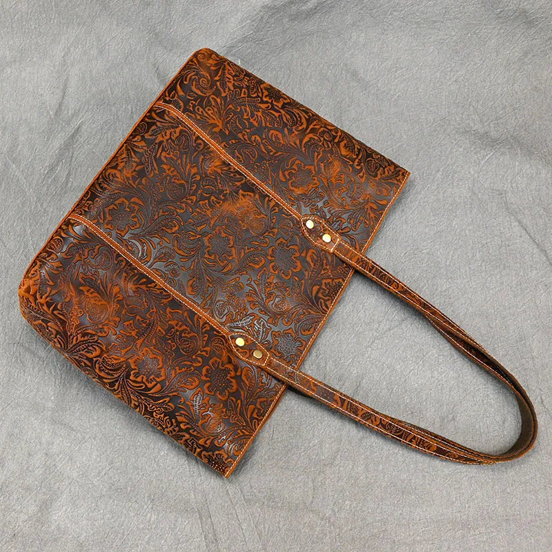 Vintage Embossed Genuine Leather Women's Tote Bag-Tote Bag-Brown-Free Shipping Leatheretro