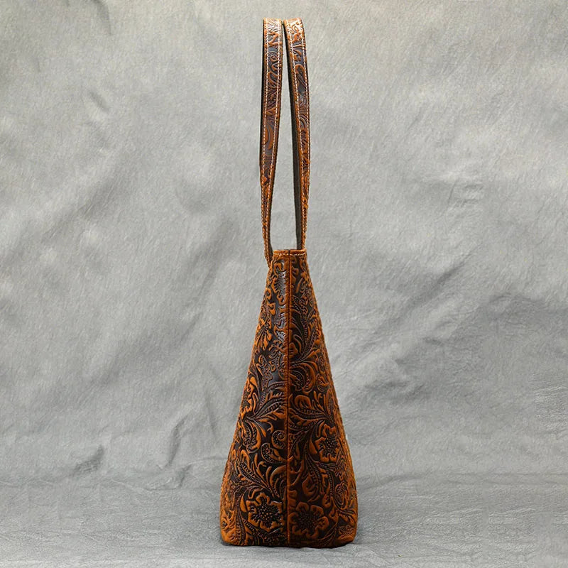 Vintage Embossed Genuine Leather Women's Tote Bag-Tote Bag-Brown-Free Shipping Leatheretro