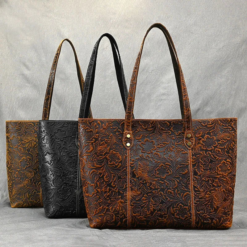 Vintage Embossed Genuine Leather Women's Tote Bag-Tote Bag-Brown-Free Shipping Leatheretro