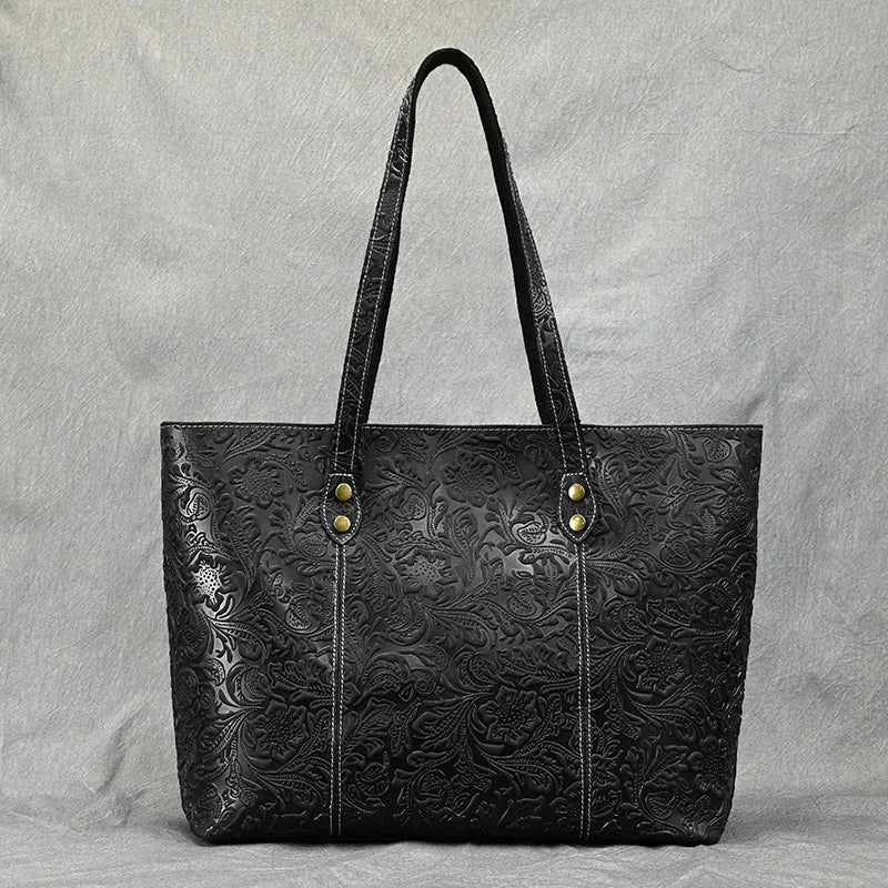 Vintage Embossed Genuine Leather Women's Tote Bag-Tote Bag-Black-Free Shipping Leatheretro