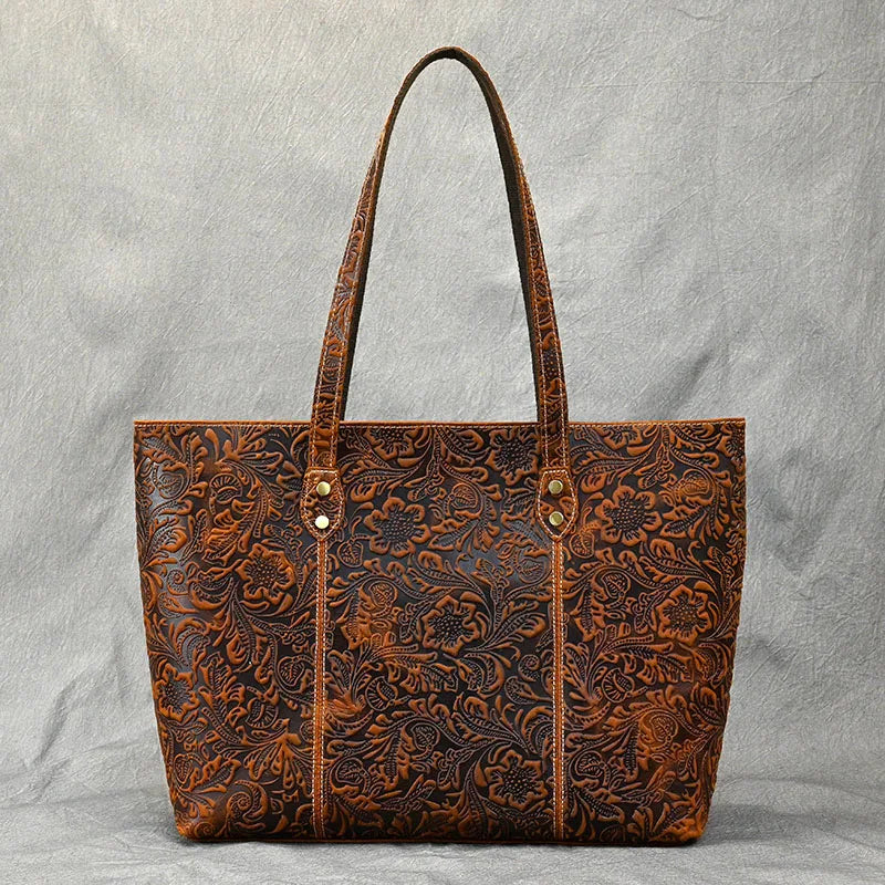Vintage Embossed Genuine Leather Women's Tote Bag-Tote Bag-Brown-Free Shipping Leatheretro