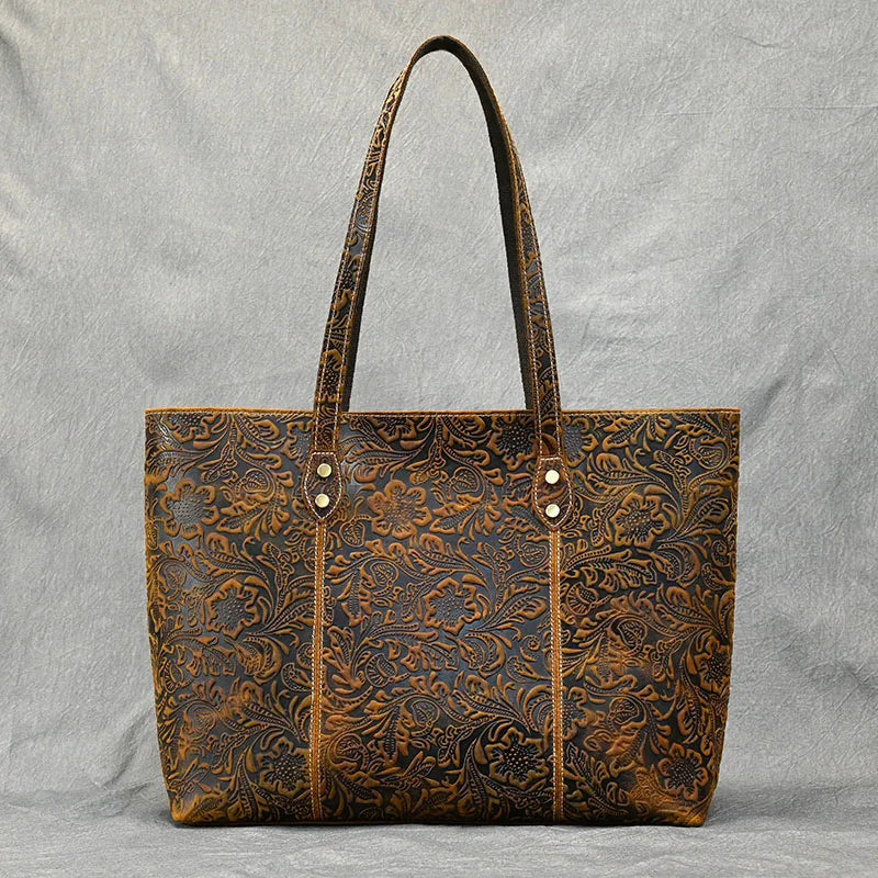 Vintage Embossed Genuine Leather Women's Tote Bag-Tote Bag-Yellow-Free Shipping Leatheretro