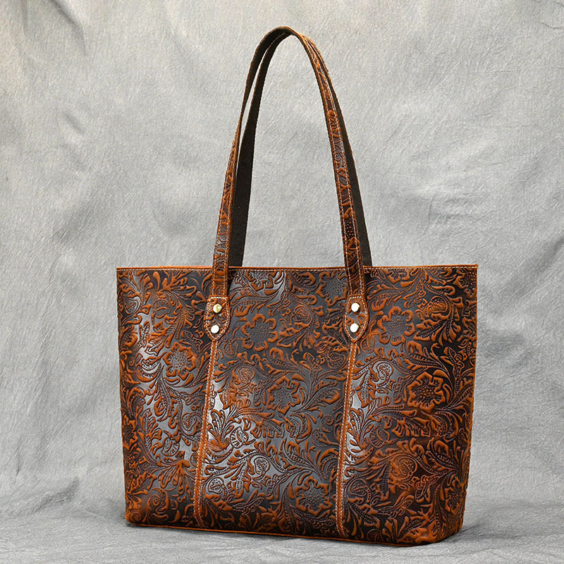 Vintage Embossed Genuine Leather Women's Tote Bag-Tote Bag-Brown-Free Shipping Leatheretro