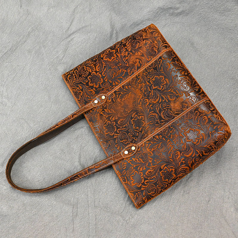 Vintage Embossed Genuine Leather Women's Tote Bag-Tote Bag-Brown-Free Shipping Leatheretro