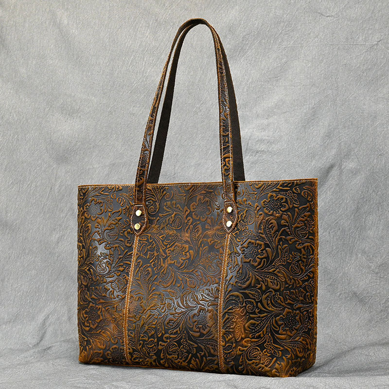 Vintage Embossed Genuine Leather Women's Tote Bag-Tote Bag-Brown-Free Shipping Leatheretro
