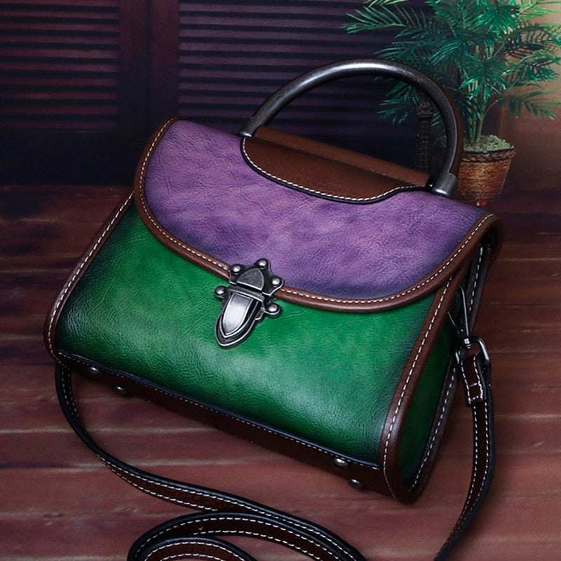 Vintage Luxury Genuine Leather Cross Body Bag-Handbags-Purple Green-Free Shipping Leatheretro