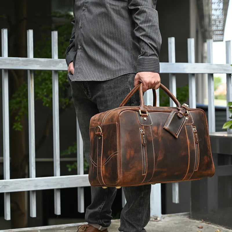 Handcrafted Crazy Horse Leather Travel Duffle-Duffle Bags-Coffee-Free Shipping Leatheretro