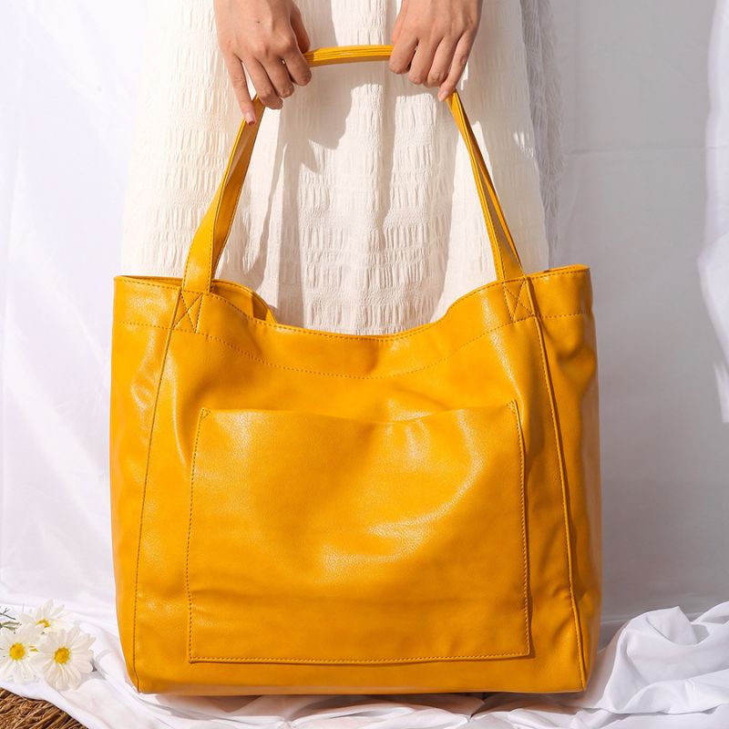 Vintage Oil Wax Leather Large Capacity Tote Bag for Women-Tote Bag-Yellow-Free Shipping Leatheretro