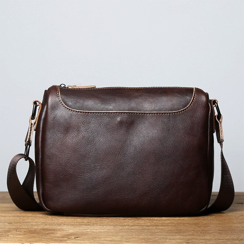Vintage Vegetable Tanned Leather Zipper Shoulder Bag-Handbags-Coffee-Free Shipping Leatheretro
