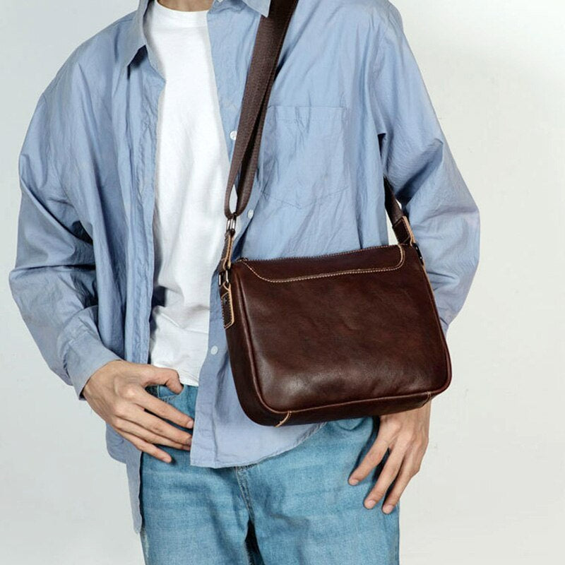 Vintage Vegetable Tanned Leather Zipper Shoulder Bag-Handbags-Coffee-Free Shipping Leatheretro