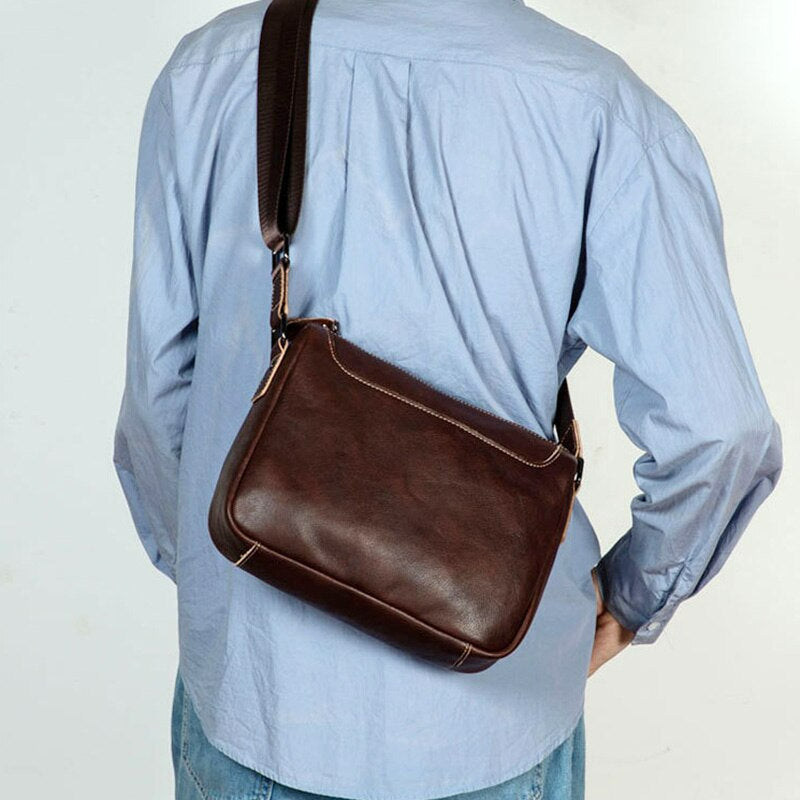 Vintage Vegetable Tanned Leather Zipper Shoulder Bag-Handbags-Coffee-Free Shipping Leatheretro