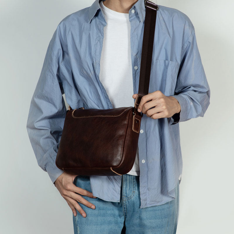 Vintage Vegetable Tanned Leather Zipper Shoulder Bag-Handbags-Coffee-Free Shipping Leatheretro