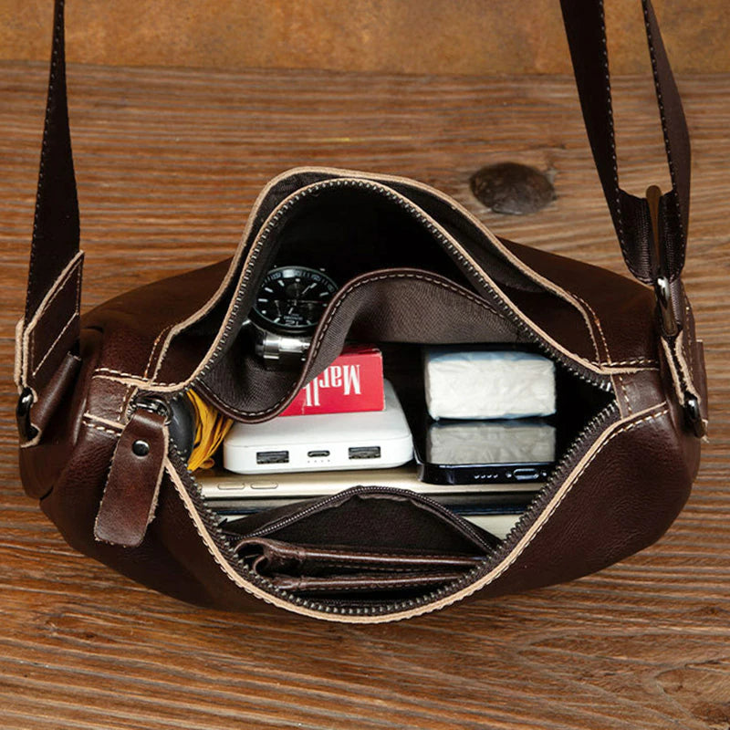 Vintage Vegetable Tanned Leather Zipper Shoulder Bag-Handbags-Coffee-Free Shipping Leatheretro