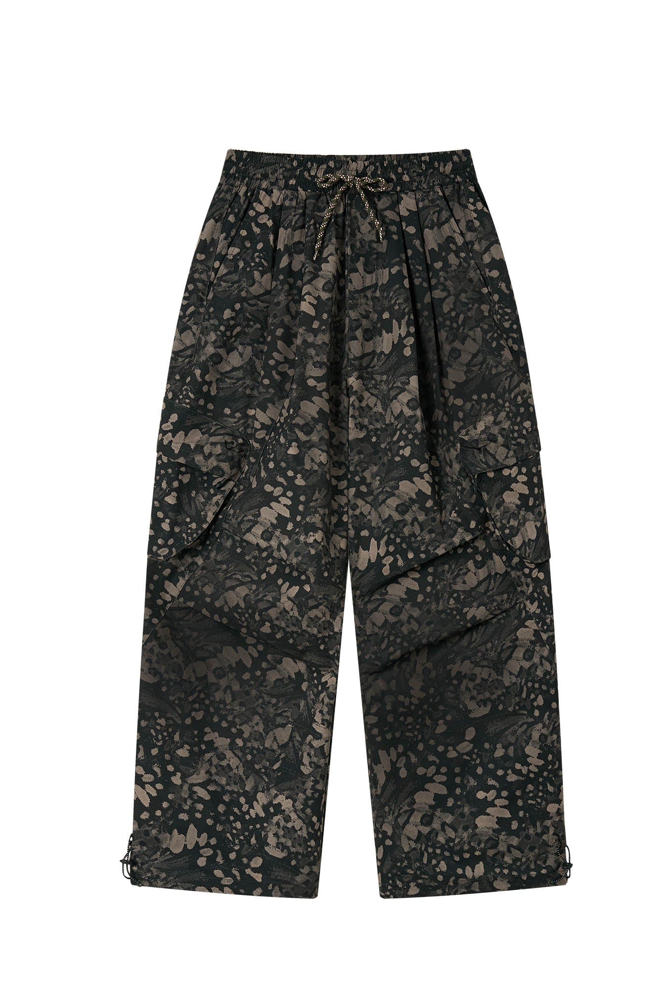 1997 POSTOFFICE Splatter Camo Crinkled Drawstring Cargo Pants-Pants-S-Black-Free Shipping Leatheretro