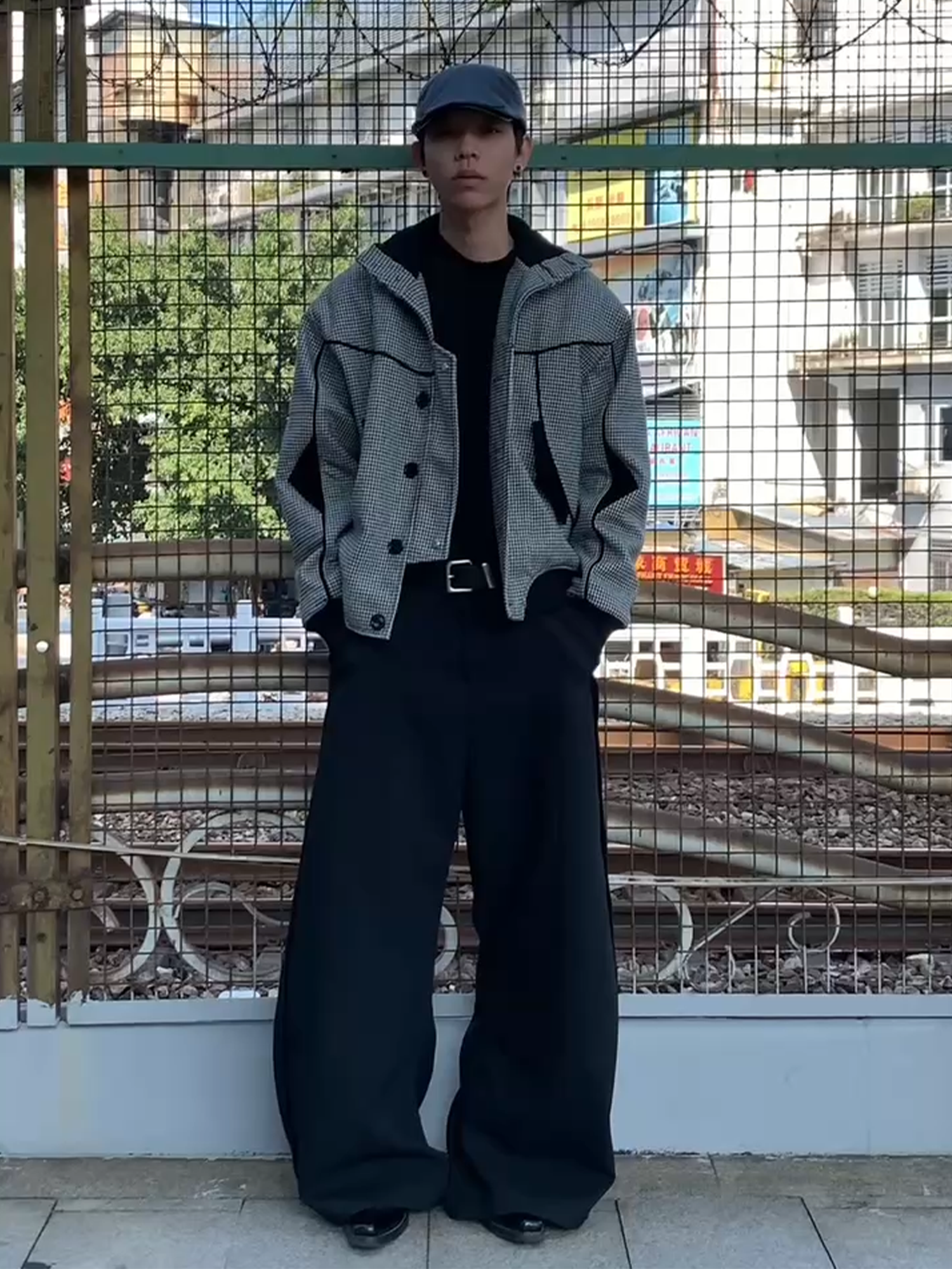 ESAIAS Houndstooth Panel Stand Collar Wool-Blend Jacket-Jacket-S-Free Shipping Leatheretro