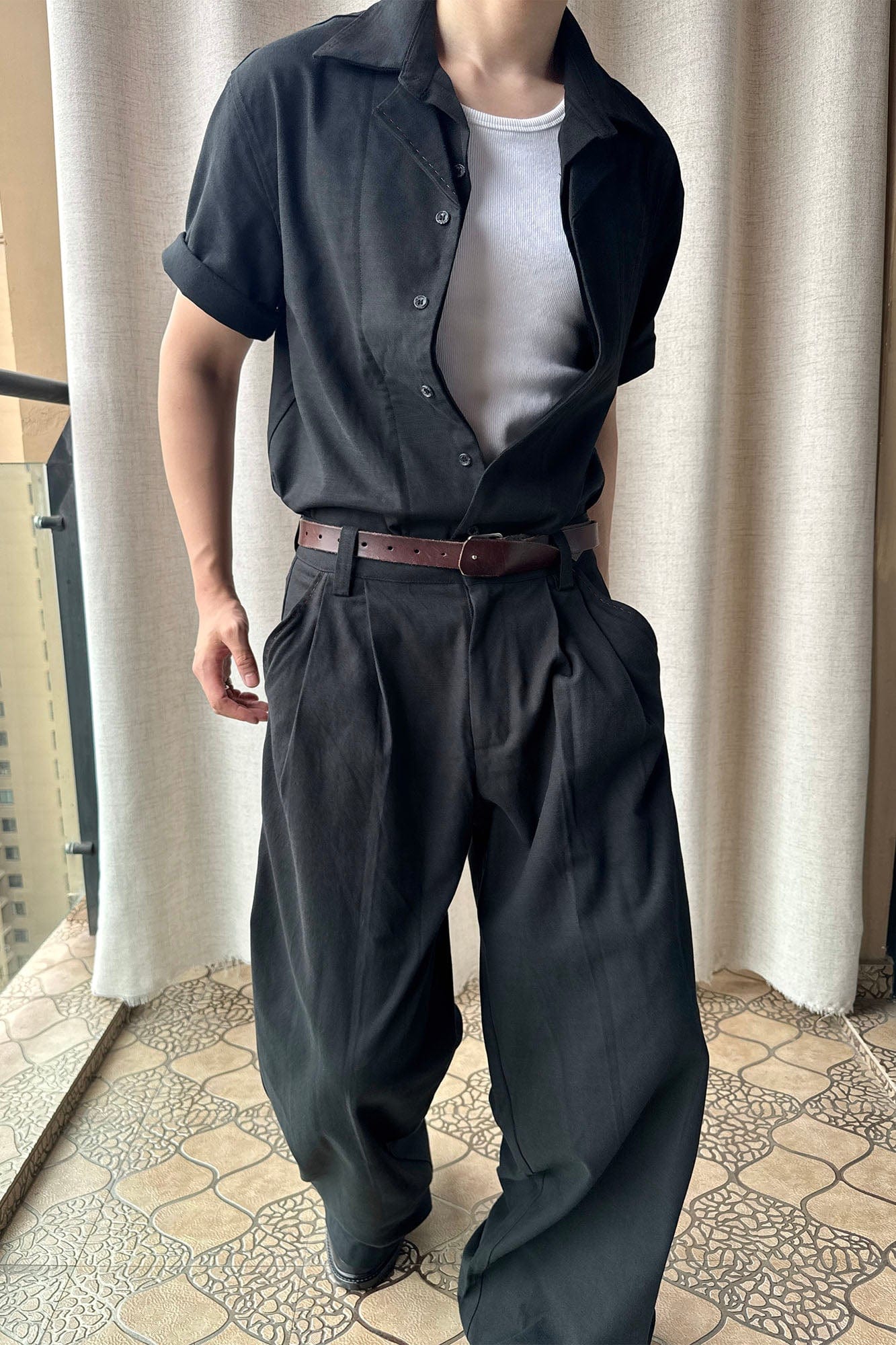 OKAYTHXBYE Faux-Layer Stitch Half Shirt-Half shirt-S-White-Free Shipping Leatheretro