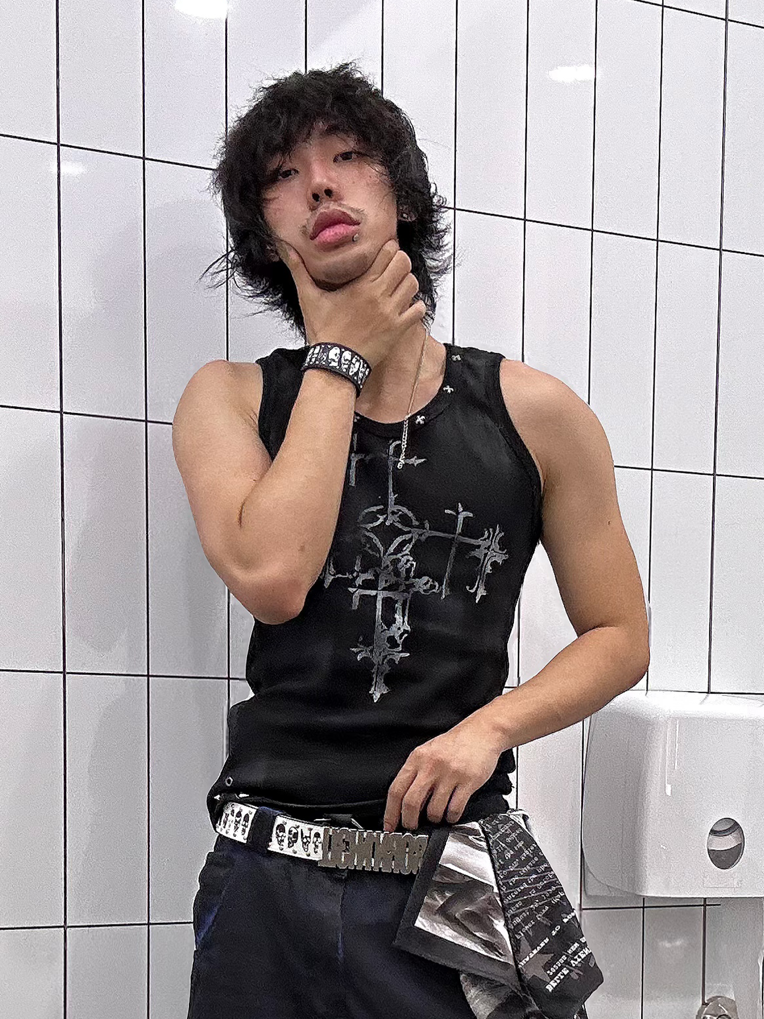 TH4SWE Retro Gothic Cross Graphic Studded Tank Top-Tank Top-S-Free Shipping Leatheretro