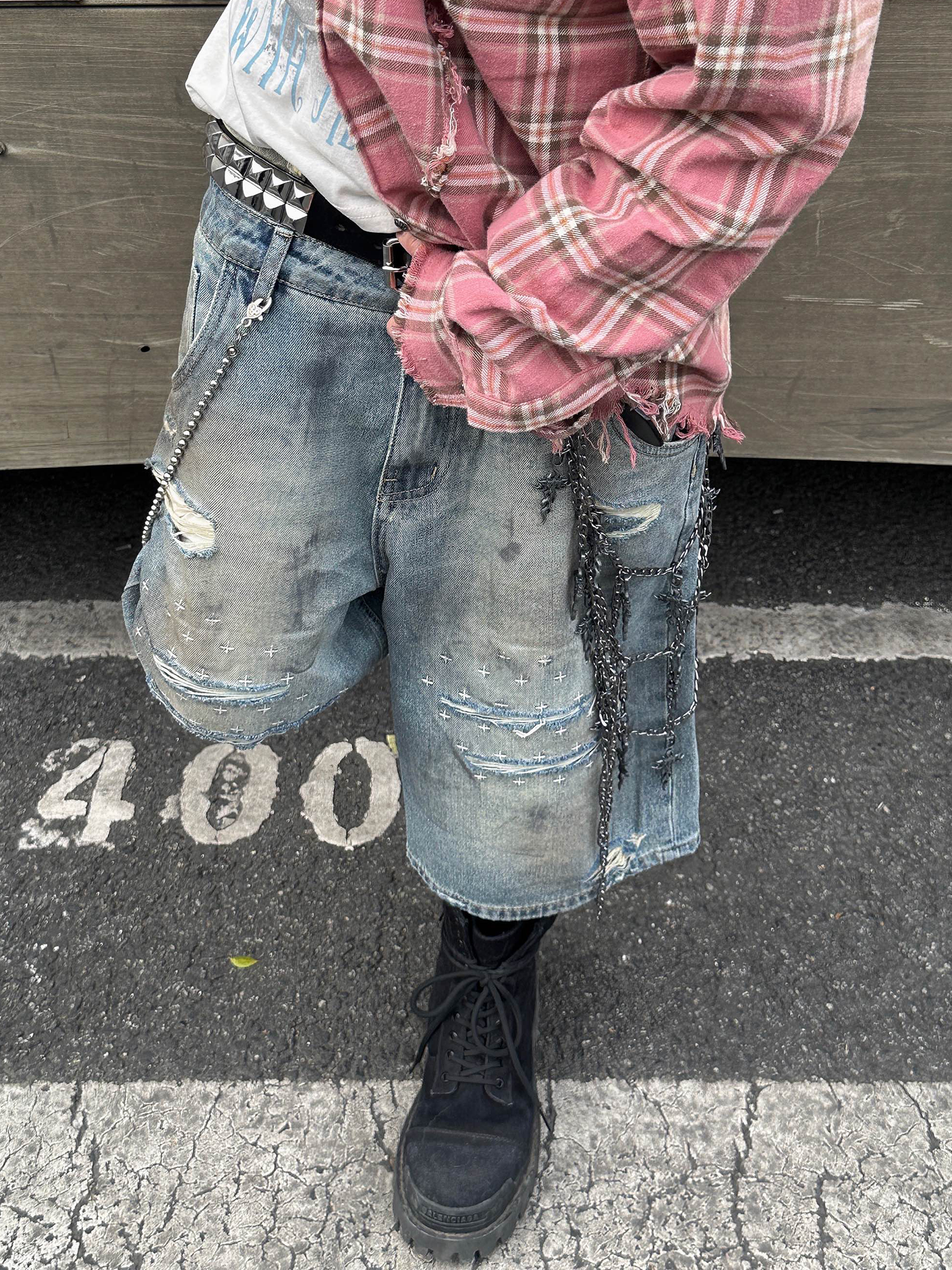 TH4SWE Double-Waist Cross Embroidered Distressed Shorts-Shorts-S-Free Shipping Leatheretro