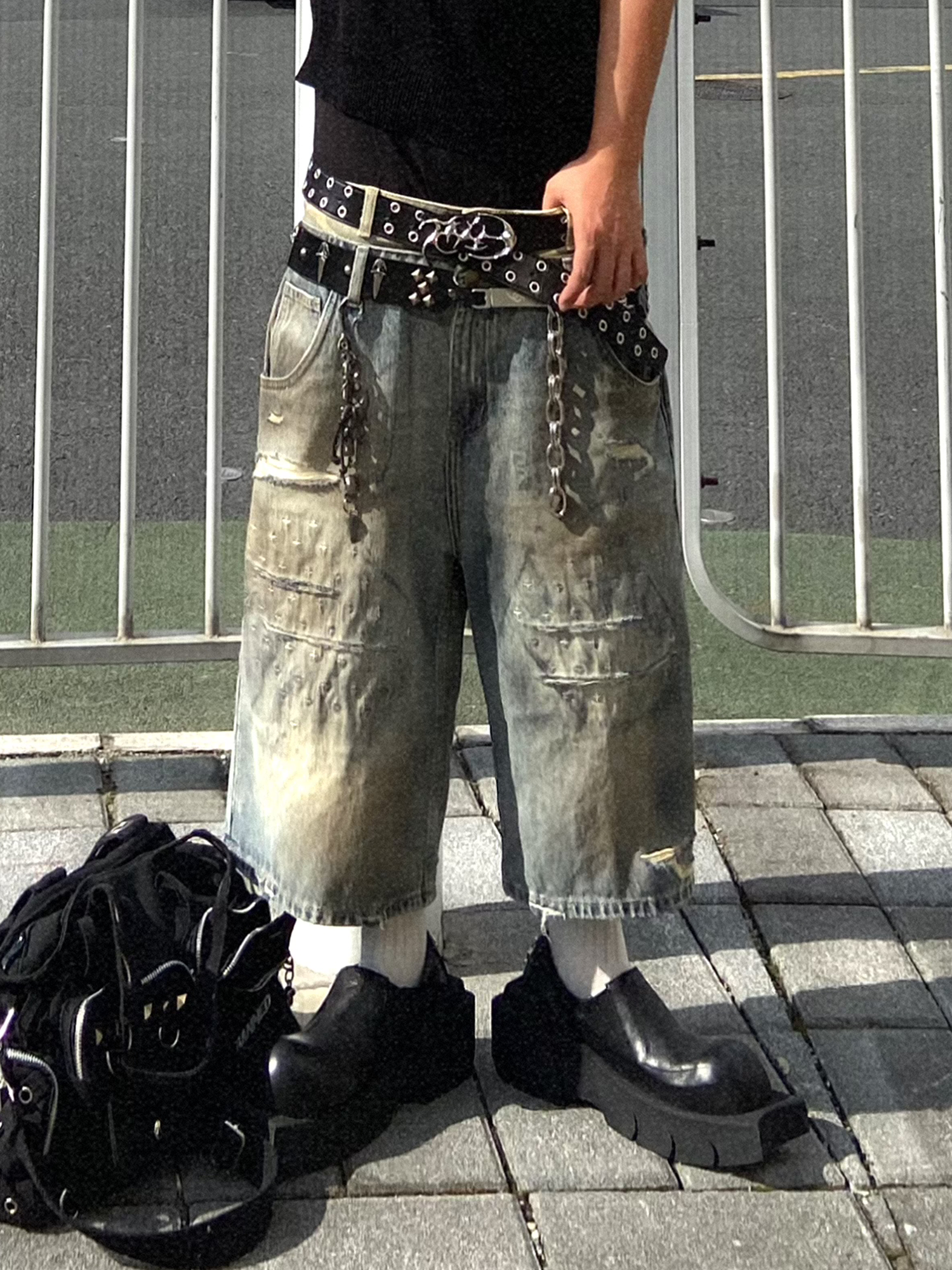 TH4SWE Double-Waist Cross Embroidered Distressed Shorts-Shorts-S-Free Shipping Leatheretro