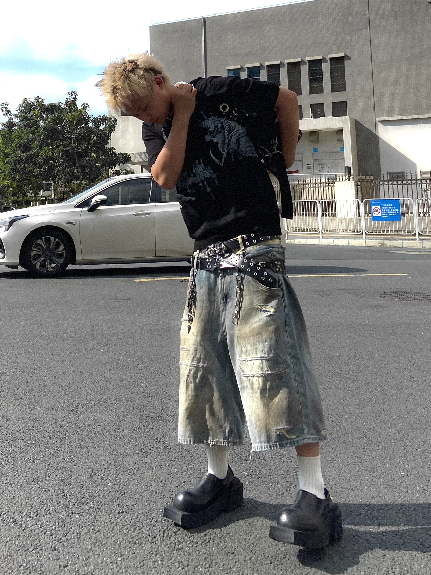 TH4SWE Double-Waist Cross Embroidered Distressed Shorts-Shorts-S-Free Shipping Leatheretro