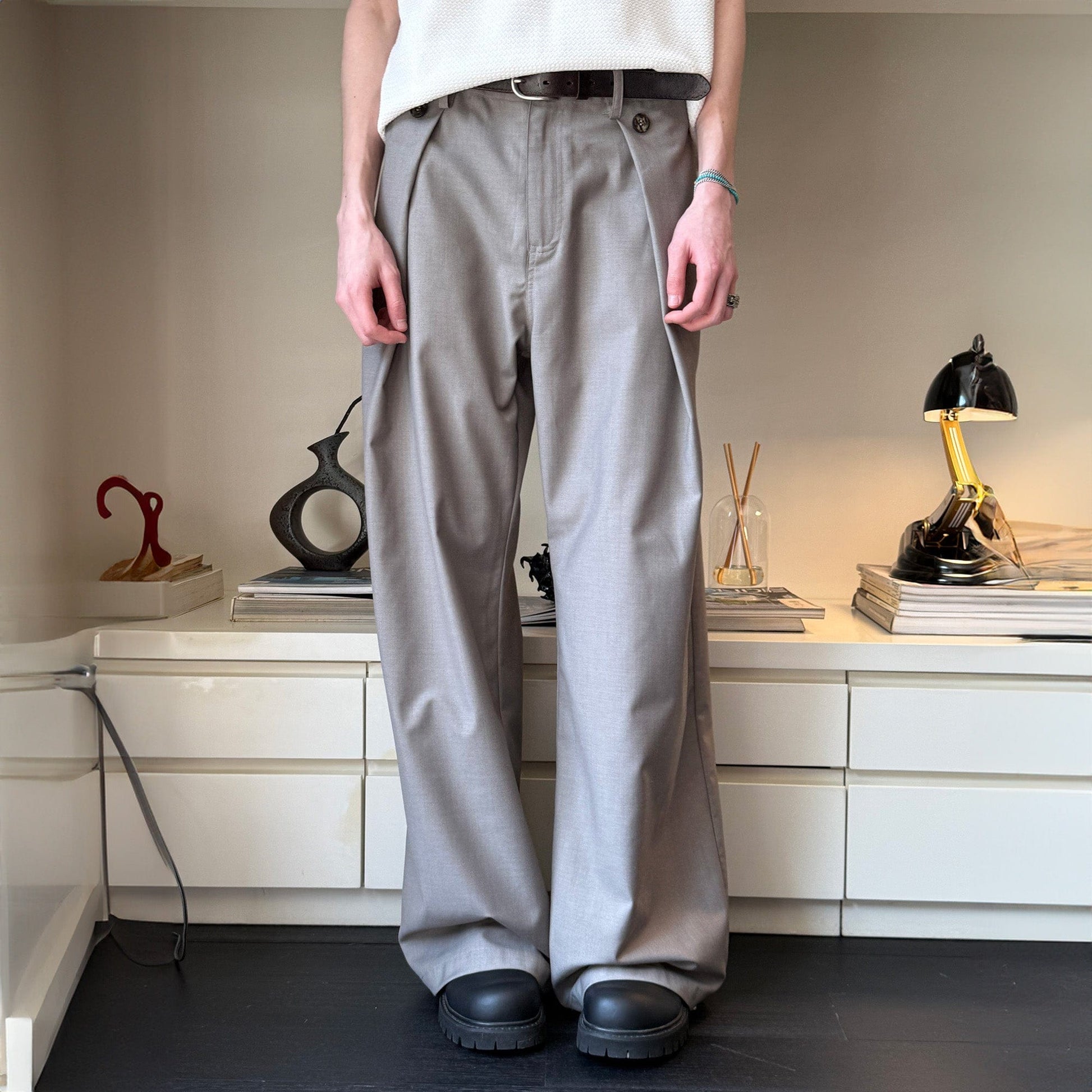 KREATE Inverted Pleats Wide-Leg Trousers-Pants-S-Gray-Free Shipping Leatheretro
