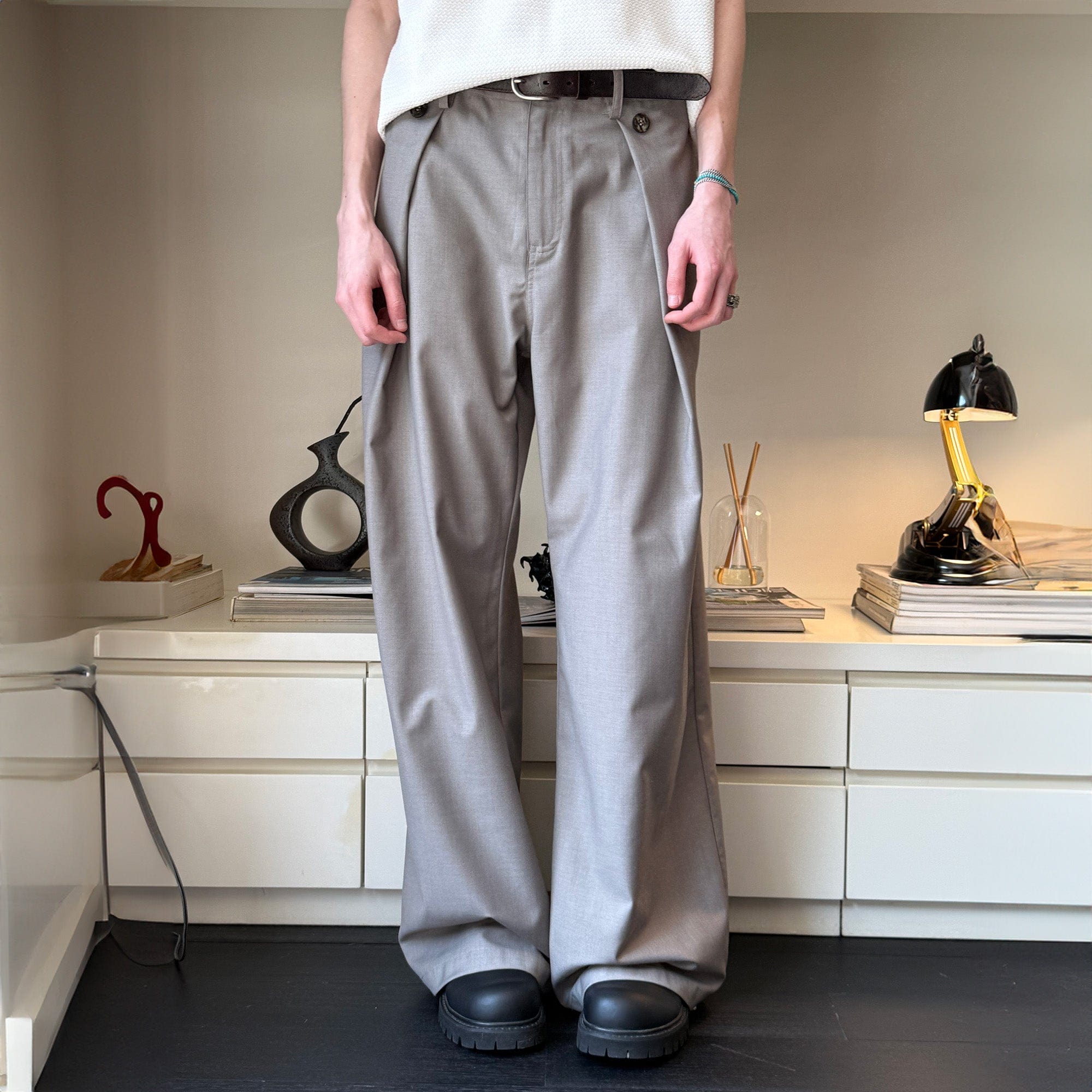 KREATE Inverted Pleats Wide-Leg Trousers-Pants-S-Gray-Free Shipping Leatheretro