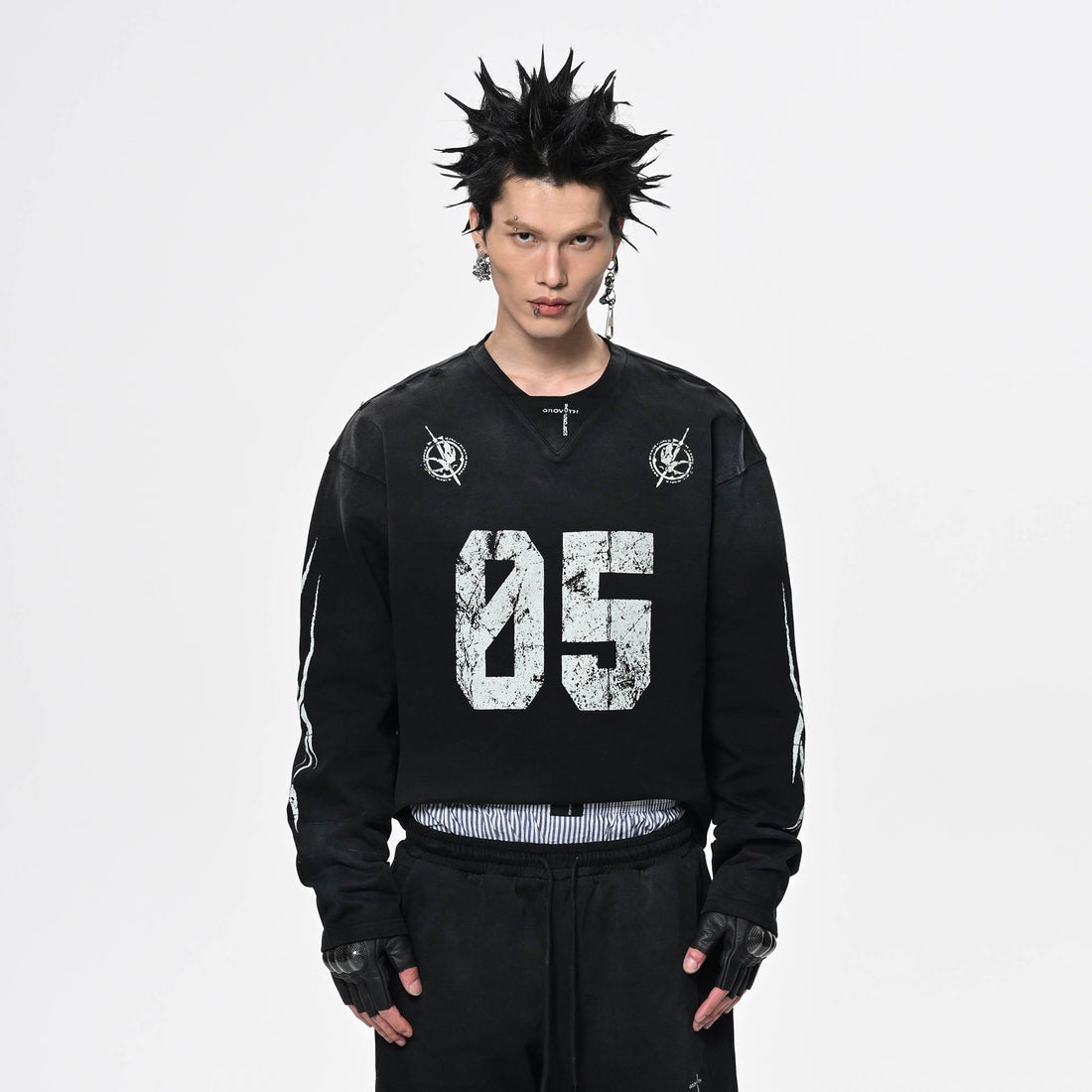 SAVAGEGROWTHWORLD No.5 Distressed Long-Sleeve Tee-L/S Tee-S-Blue-Free Shipping Leatheretro