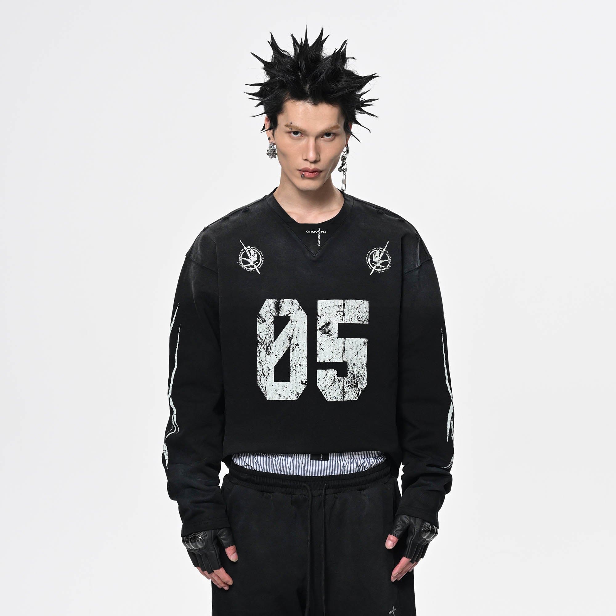SAVAGEGROWTHWORLD No.5 Distressed Long-Sleeve Tee-L/S Tee-S-Black-Free Shipping Leatheretro