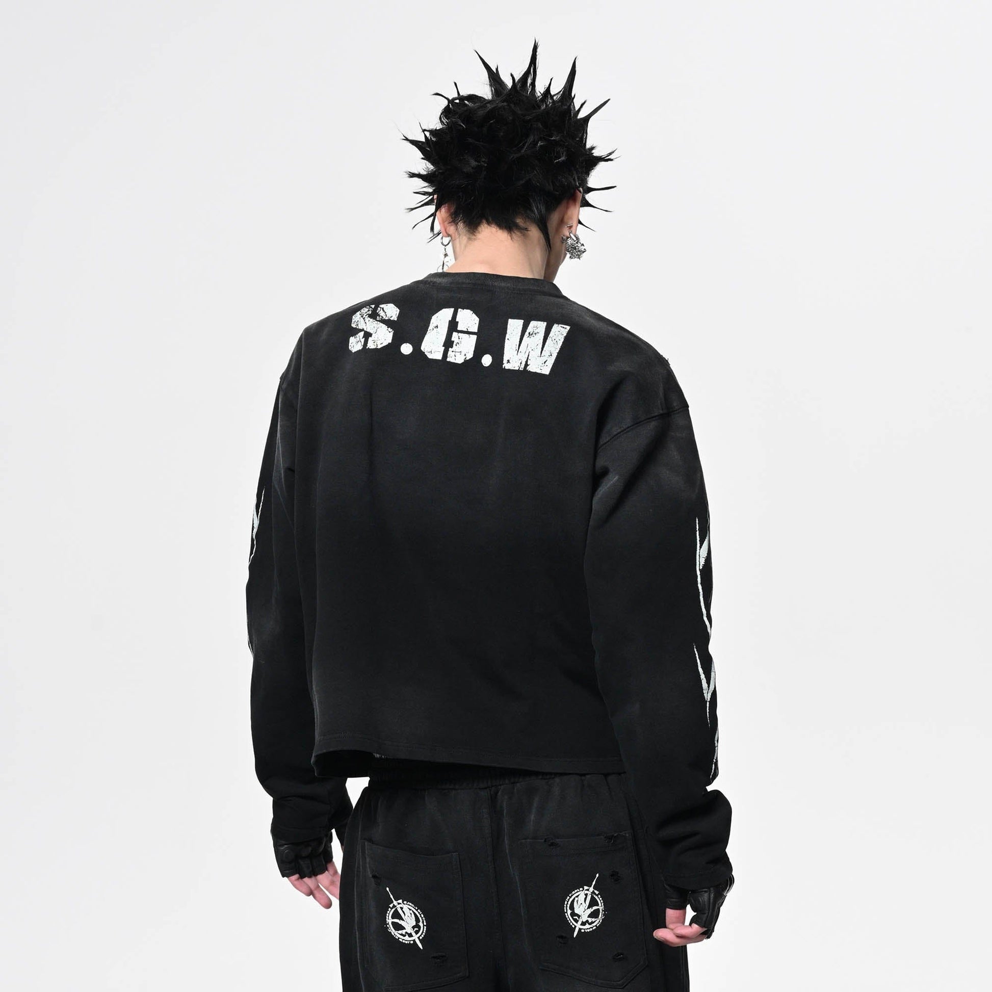 SAVAGEGROWTHWORLD No.5 Distressed Long-Sleeve Tee-L/S Tee-S-Blue-Free Shipping Leatheretro